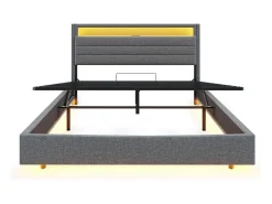 Cama estofada em linho 140x200 cm - com tomada USB e LED - Cinza