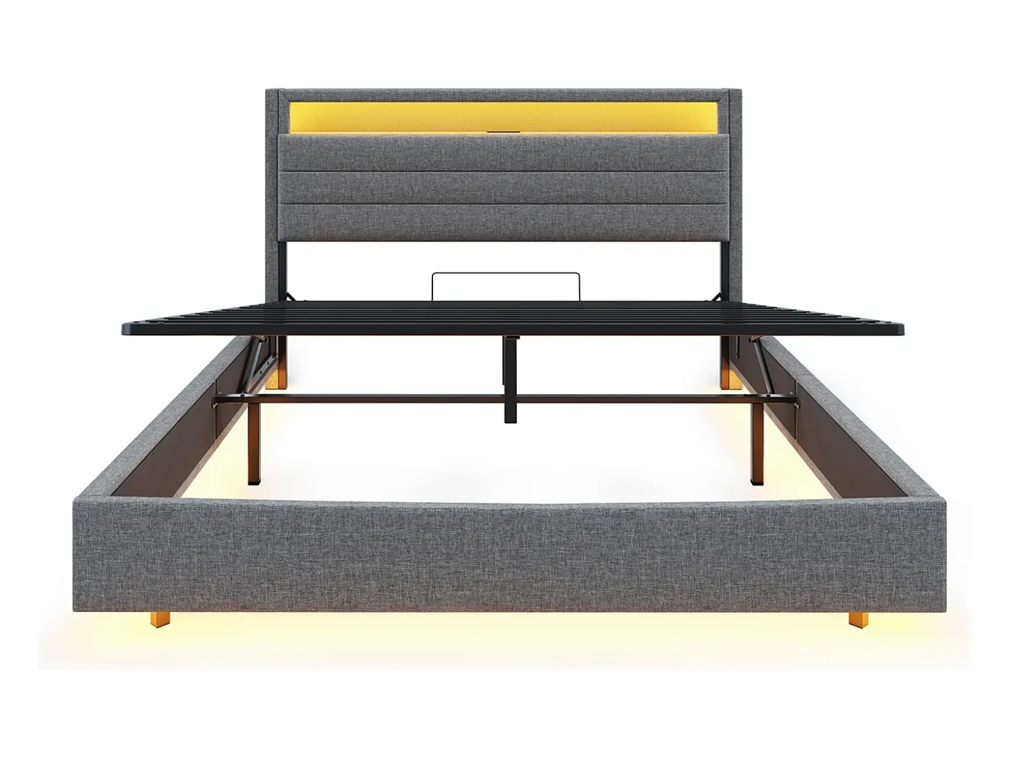 Cama estofada em linho 140x200 cm - com tomada USB e LED - Cinza