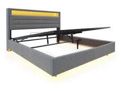 Cama estofada em linho 140x200 cm - com tomada USB e LED - Cinza