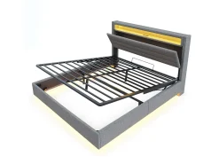 Cama estofada em linho 140x200 cm - com tomada USB e LED - Cinza