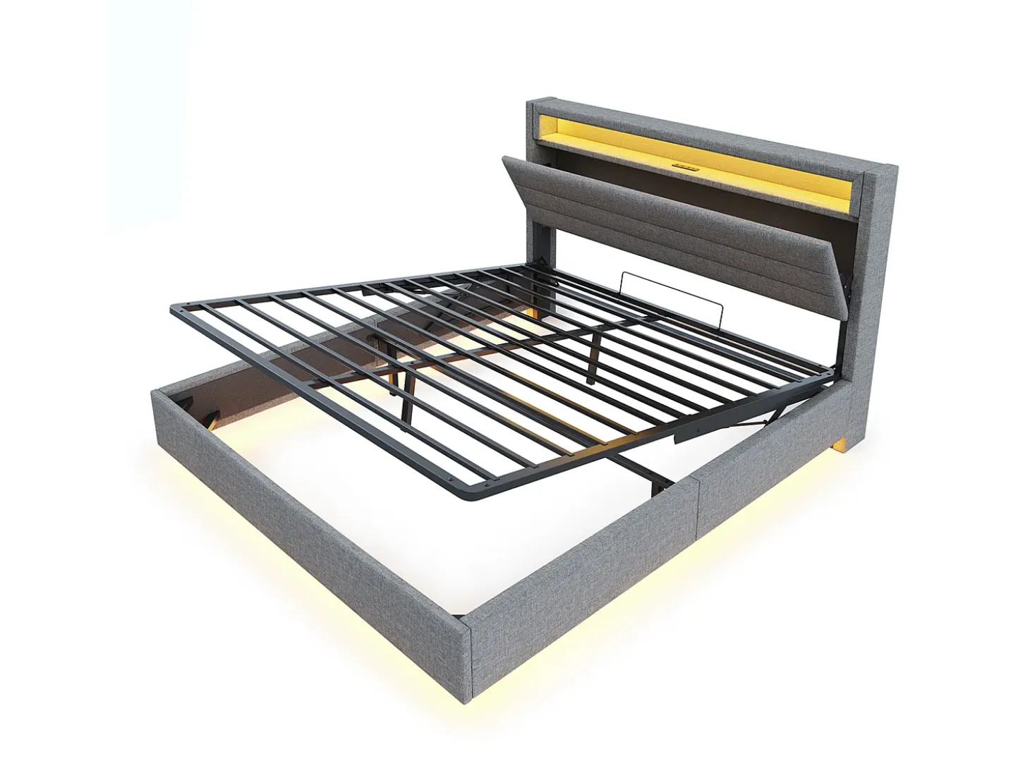 Cama estofada em linho 140x200 cm - com tomada USB e LED - Cinza