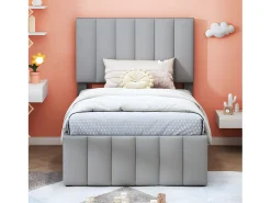 Cama estofada em linho 90x200cm - com cama de gavetão com rodízios e 3 gavetas - Cinza