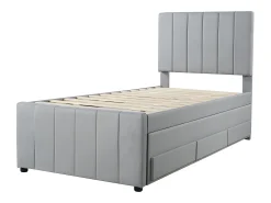 Cama estofada em linho 90x200cm - com cama de gavetão com rodízios e 3 gavetas - Cinza