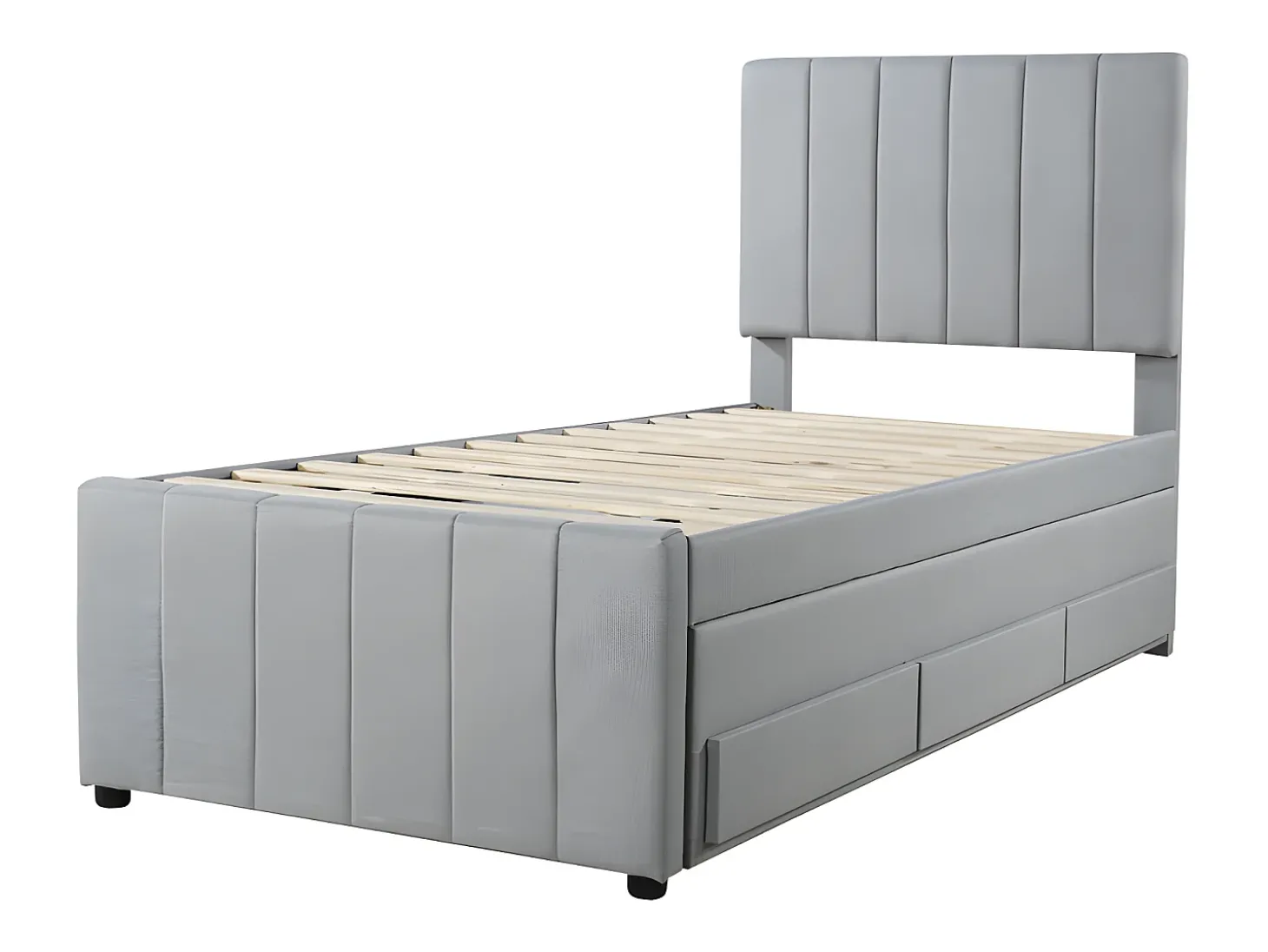 Cama estofada em linho 90x200cm - com cama de gavetão com rodízios e 3 gavetas - Cinza
