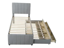 Cama estofada em linho 90x200cm - com cama de gavetão com rodízios e 3 gavetas - Cinza