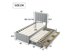Cama estofada em linho 90x200cm - com cama de gavetão com rodízios e 3 gavetas - Cinza