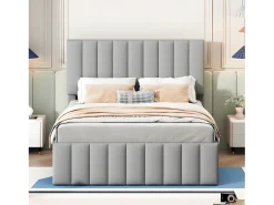 Cama estofada em linho 140x200cm - com cama de gavetão com rodízios e 3 gavetas - Cinza