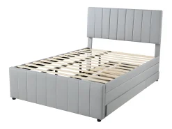 Cama estofada em linho 140x200cm - com cama de gavetão com rodízios e 3 gavetas - Cinza