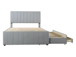Cama estofada em linho 140x200cm - com cama de gavetão com rodízios e 3 gavetas - Cinza
