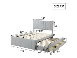 Cama estofada em linho 140x200cm - com cama de gavetão com rodízios e 3 gavetas - Cinza