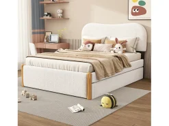 Cama estofada em pelúcia 140x200cm - com gavetão extraível - com base de ripas de MDF - Branco