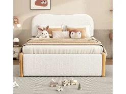 Cama estofada em pelúcia 140x200cm - com gavetão extraível - com base de ripas de MDF - Branco