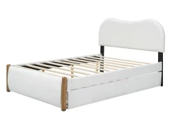 Cama estofada em pelúcia 140x200cm - com gavetão extraível - com base de ripas de MDF - Branco