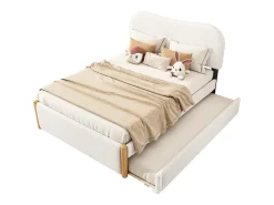 Cama estofada em pelúcia 140x200cm - com gavetão extraível - com base de ripas de MDF - Branco