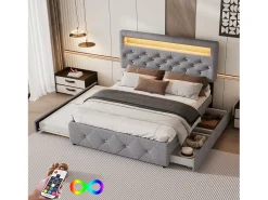 Cama estofada para adulto 140x200cm com LED - com cama de gavetão e 2 gavetas - Tecido Linho - Cinza