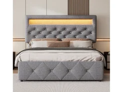 Cama estofada para adulto 140x200cm com LED - com cama de gavetão e 2 gavetas - Tecido Linho - Cinza