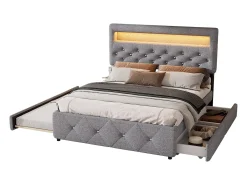 Cama estofada para adulto 140x200cm com LED - com cama de gavetão e 2 gavetas - Tecido Linho - Cinza
