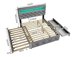 Cama estofada para adulto 140x200cm com LED - com cama de gavetão e 2 gavetas - Tecido Linho - Cinza