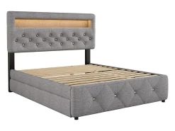 Cama estofada para adulto 140x200cm com LED - com cama de gavetão e 2 gavetas - Tecido Linho - Cinza