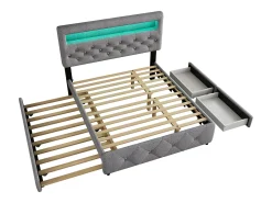 Cama estofada para adulto 140x200cm com LED - com cama de gavetão e 2 gavetas - Tecido Linho - Cinza