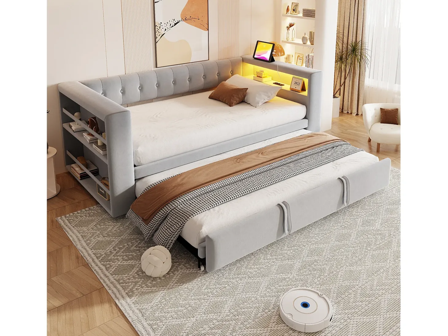 Cama estofada 90x190 cm - com iluminação LED - com cama articulada - com tomada elétrica - cinza claro