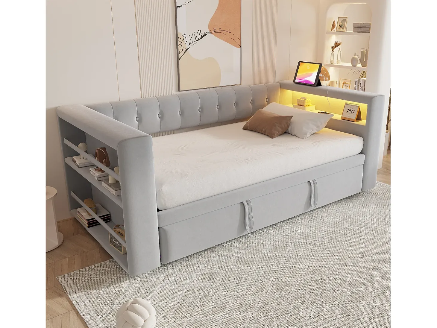 Cama estofada 90x190 cm - com iluminação LED - com cama articulada - com tomada elétrica - cinza claro