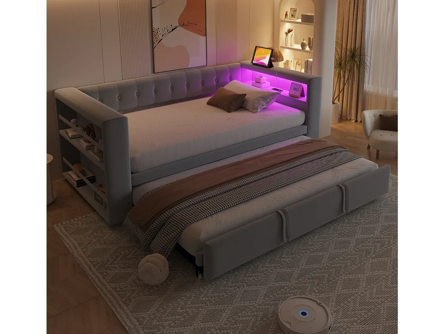 Cama estofada 90x190 cm - com iluminação LED - com cama articulada - com tomada elétrica - cinza claro