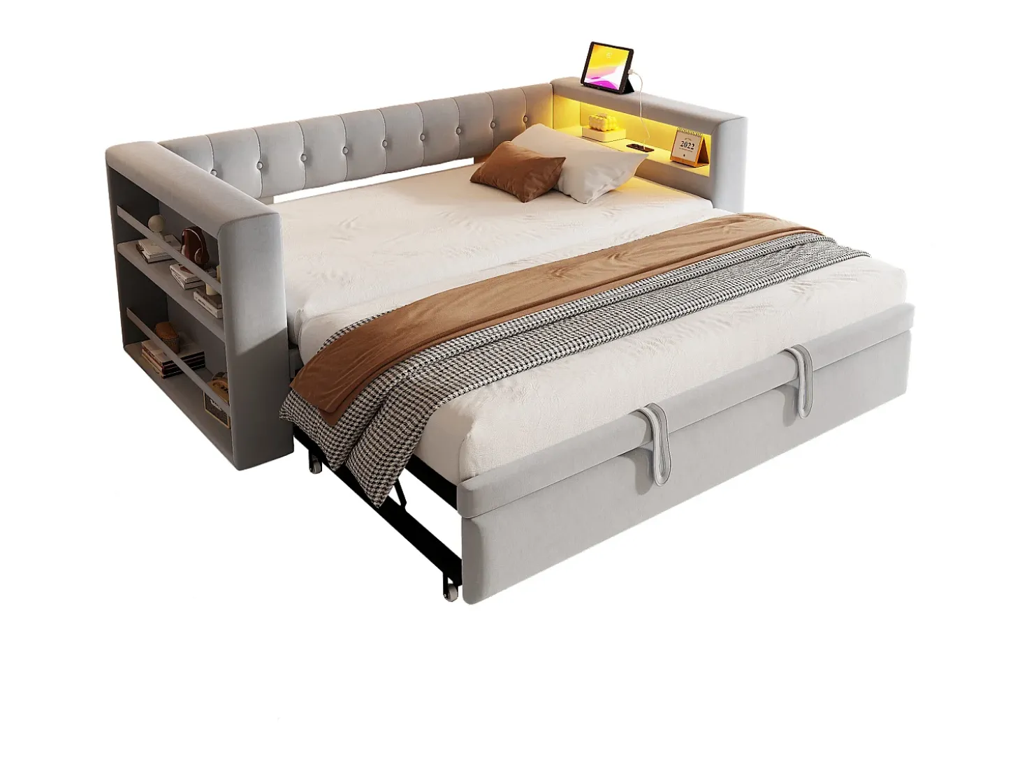 Cama estofada 90x190 cm - com iluminação LED - com cama articulada - com tomada elétrica - cinza claro