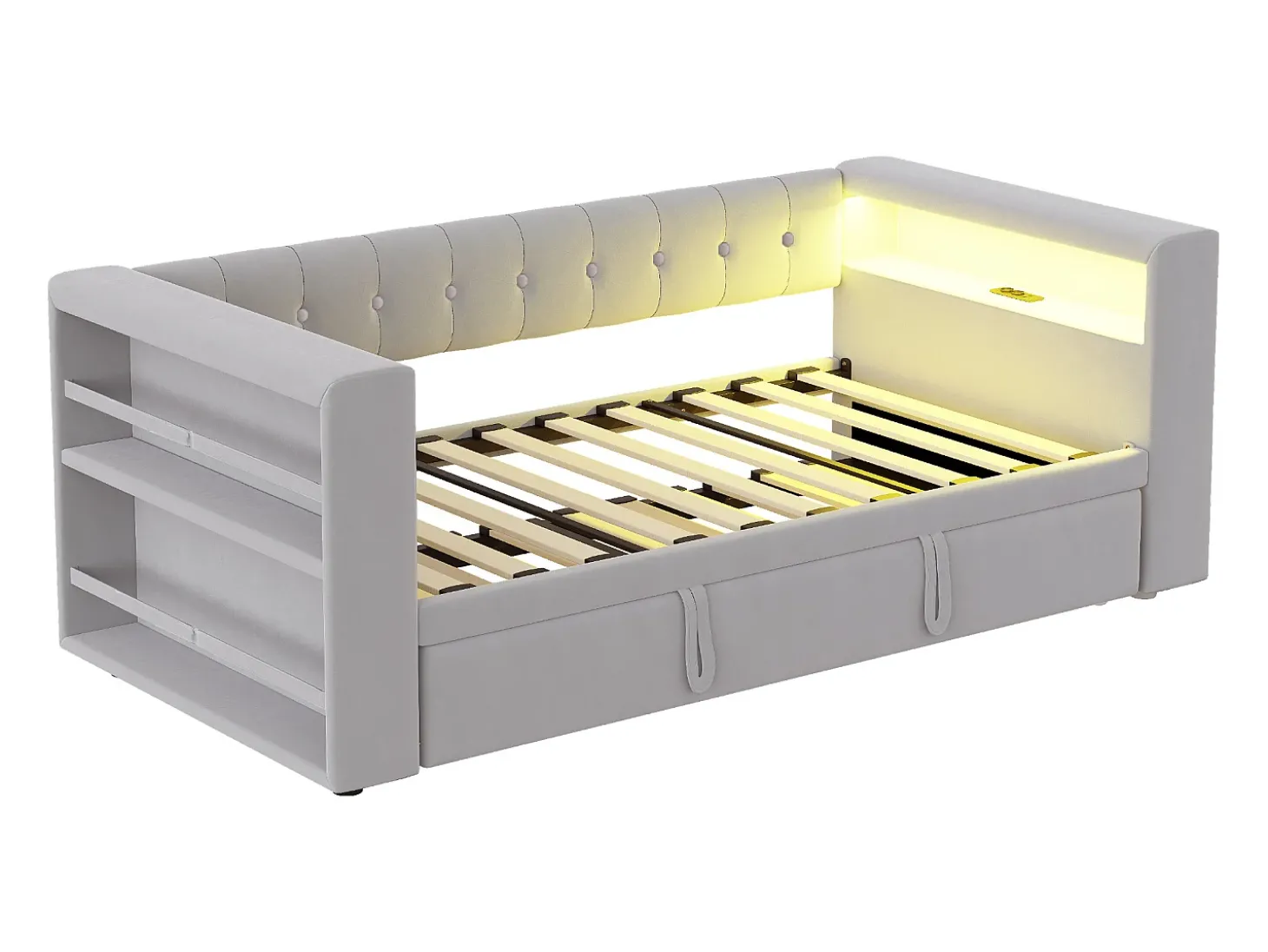 Cama estofada 90x190 cm - com iluminação LED - com cama articulada - com tomada elétrica - cinza claro