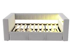 Cama estofada 90x190 cm - com iluminação LED - com cama articulada - com tomada elétrica - cinza claro