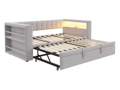 Cama estofada 90x190 cm - com iluminação LED - com cama articulada - com tomada elétrica - cinza claro