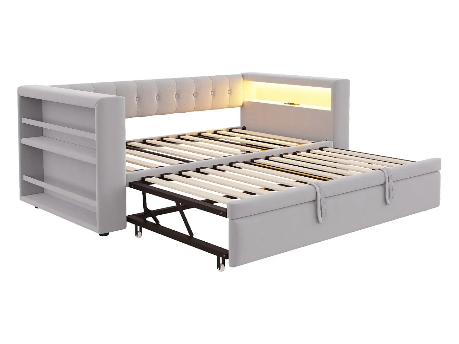 Cama estofada 90x190 cm - com iluminação LED - com cama articulada - com tomada elétrica - cinza claro