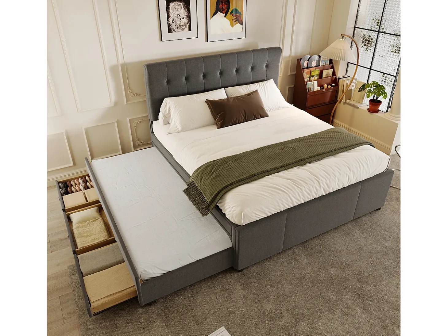 Cama estofada 140x200cm com cama de gavetão 90x190cm - em tecido de linho - com 3 gavetas e base de ripas - Cinza