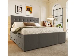 Cama estofada 140x200cm com cama de gavetão 90x190cm - em tecido de linho - com 3 gavetas e base de ripas - Cinza
