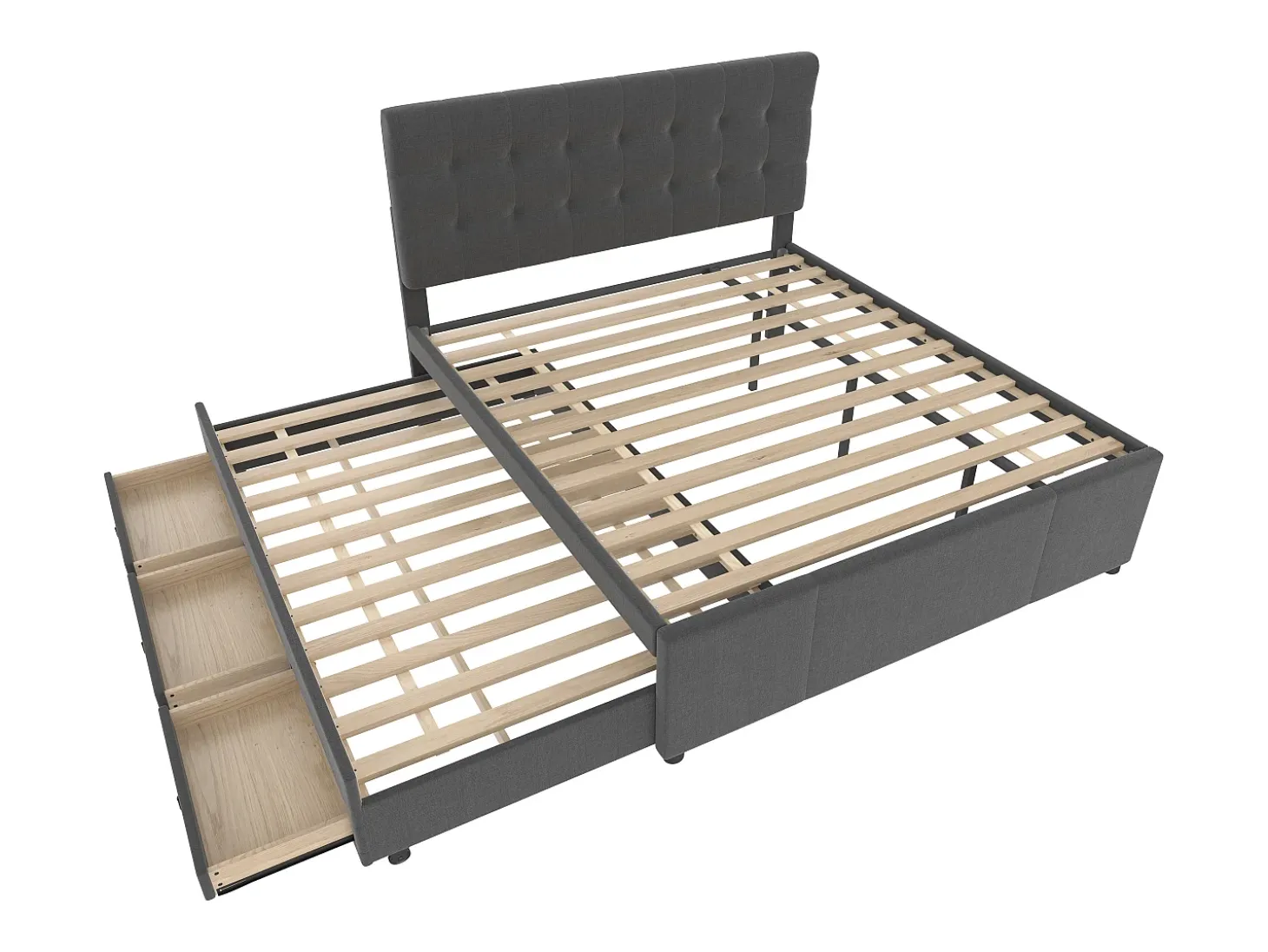 Cama estofada 140x200cm com cama de gavetão 90x190cm - em tecido de linho - com 3 gavetas e base de ripas - Cinza