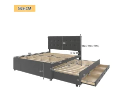 Cama estofada 140x200cm com cama de gavetão 90x190cm - em tecido de linho - com 3 gavetas e base de ripas - Cinza