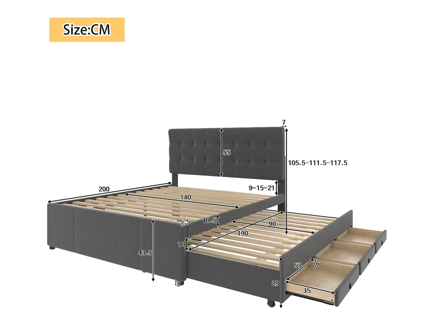 Cama estofada 140x200cm com cama de gavetão 90x190cm - em tecido de linho - com 3 gavetas e base de ripas - Cinza