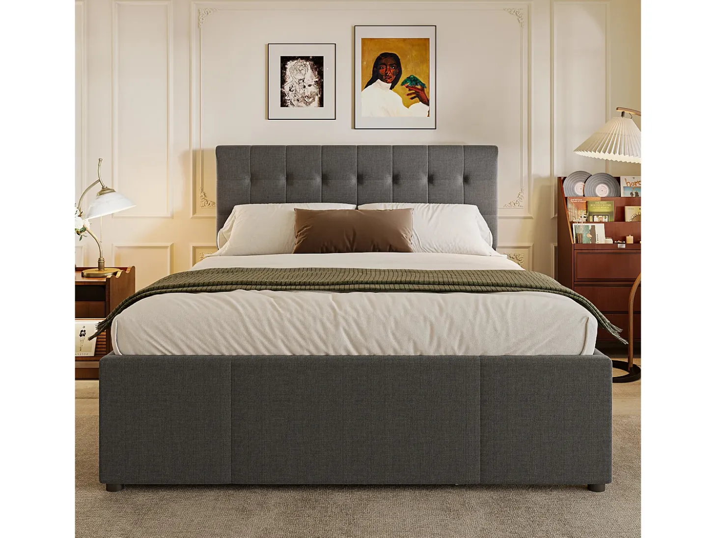 Cama estofada 140x200cm com cama de gavetão 90x190cm - em tecido de linho - com 3 gavetas e base de ripas - Cinza