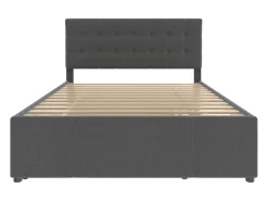 Cama estofada 140x200cm com cama de gavetão 90x190cm - em tecido de linho - com 3 gavetas e base de ripas - Cinza
