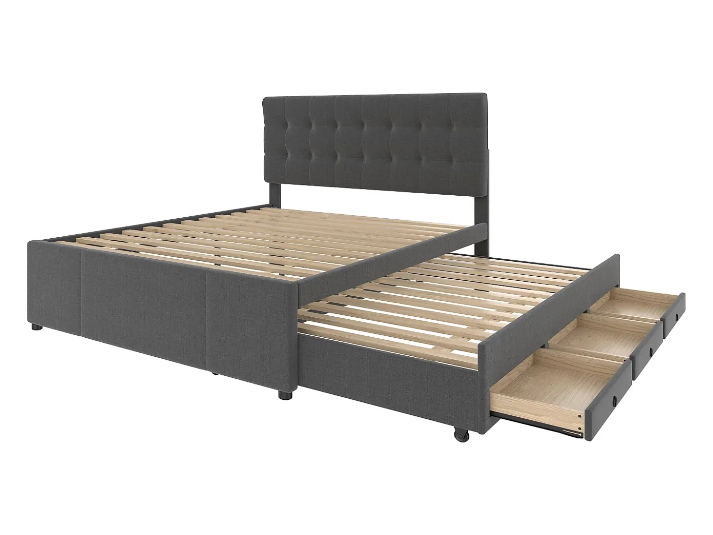 Cama estofada 140x200cm com cama de gavetão 90x190cm - em tecido de linho - com 3 gavetas e base de ripas - Cinza