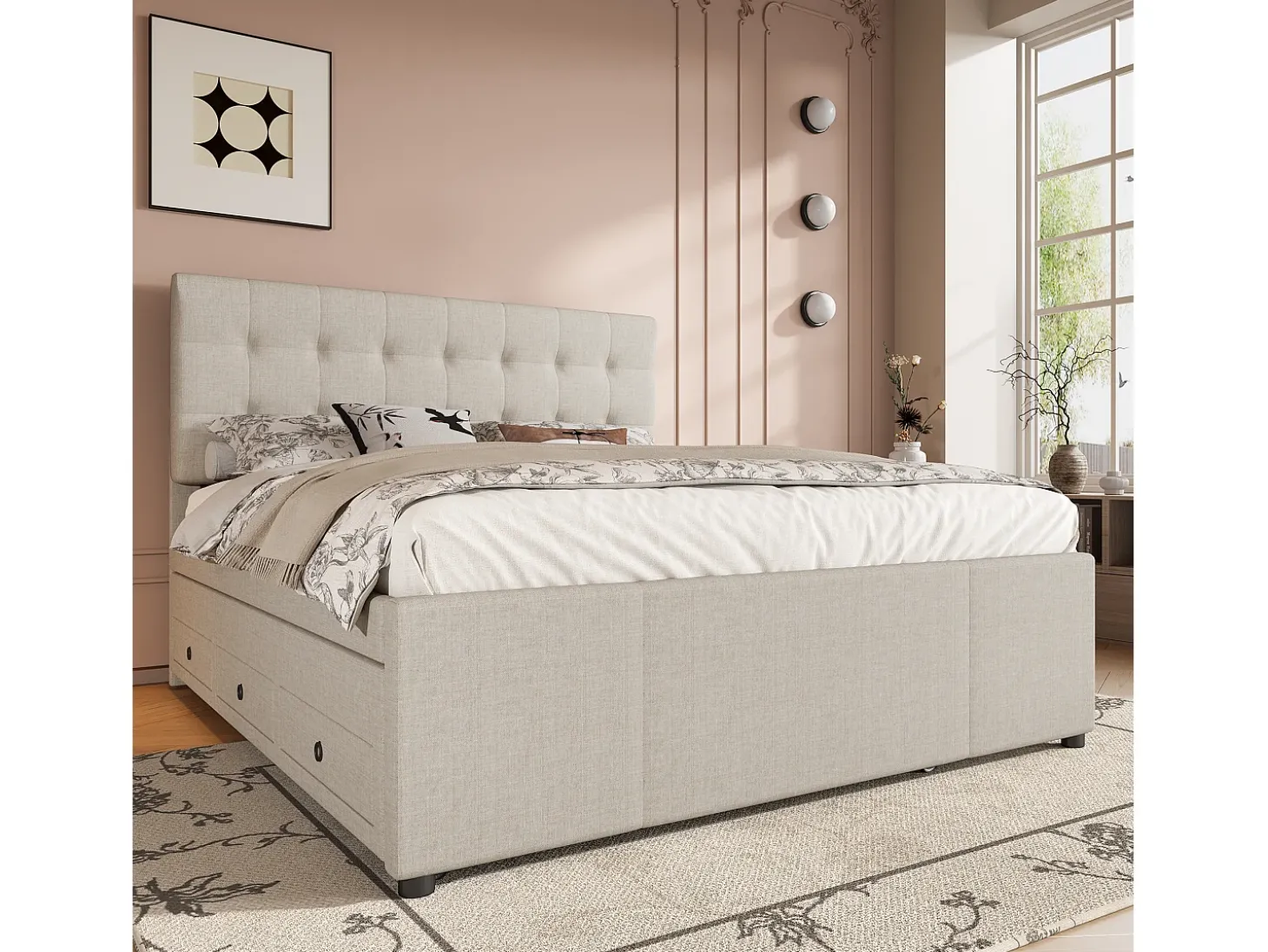 Cama estofada 140x200cm com cama de gavetão 90x190cm - em tecido de linho - com 3 gavetas e base de ripas - Bege