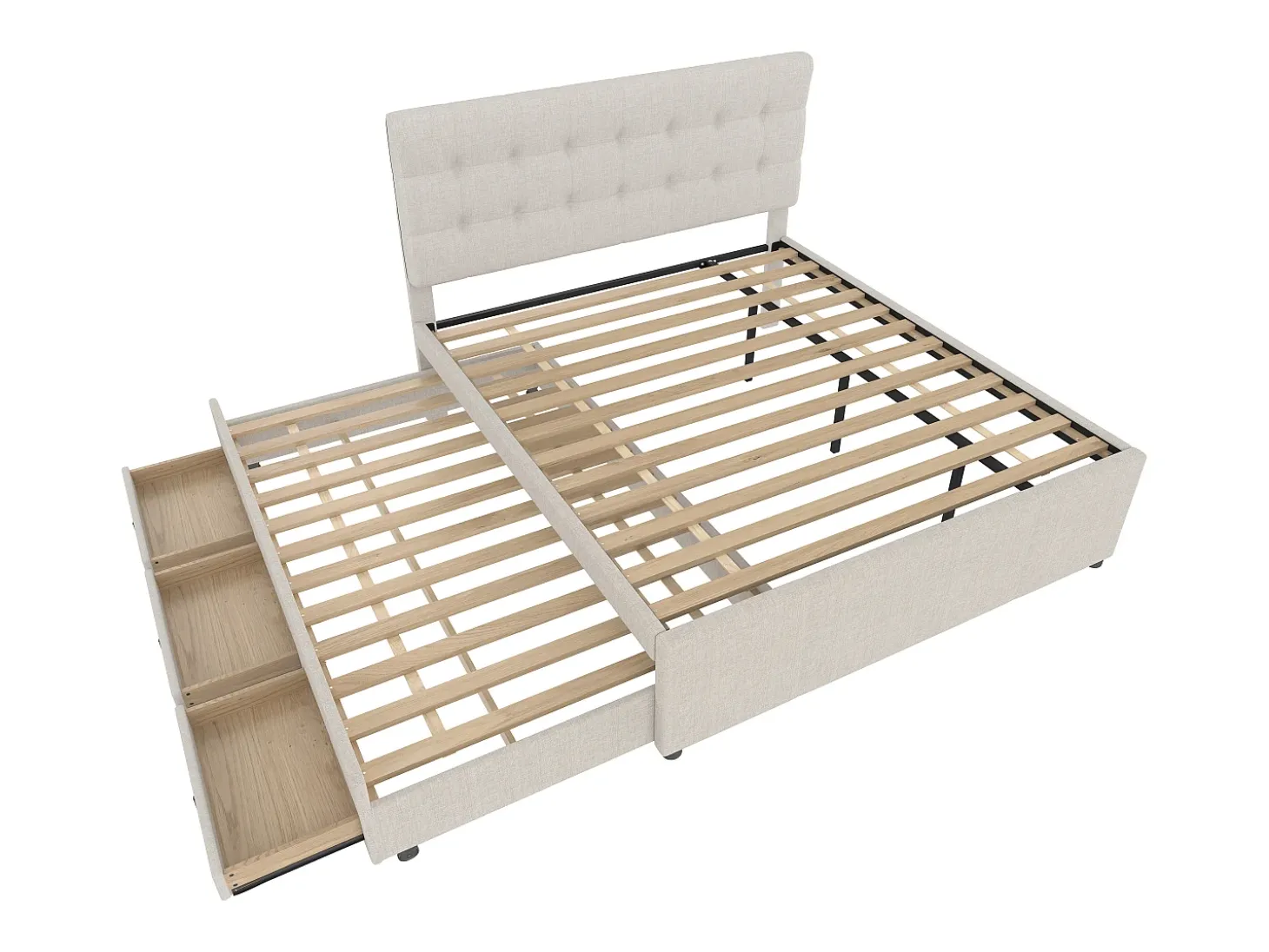 Cama estofada 140x200cm com cama de gavetão 90x190cm - em tecido de linho - com 3 gavetas e base de ripas - Bege