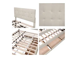 Cama estofada 140x200cm com cama de gavetão 90x190cm - em tecido de linho - com 3 gavetas e base de ripas - Bege