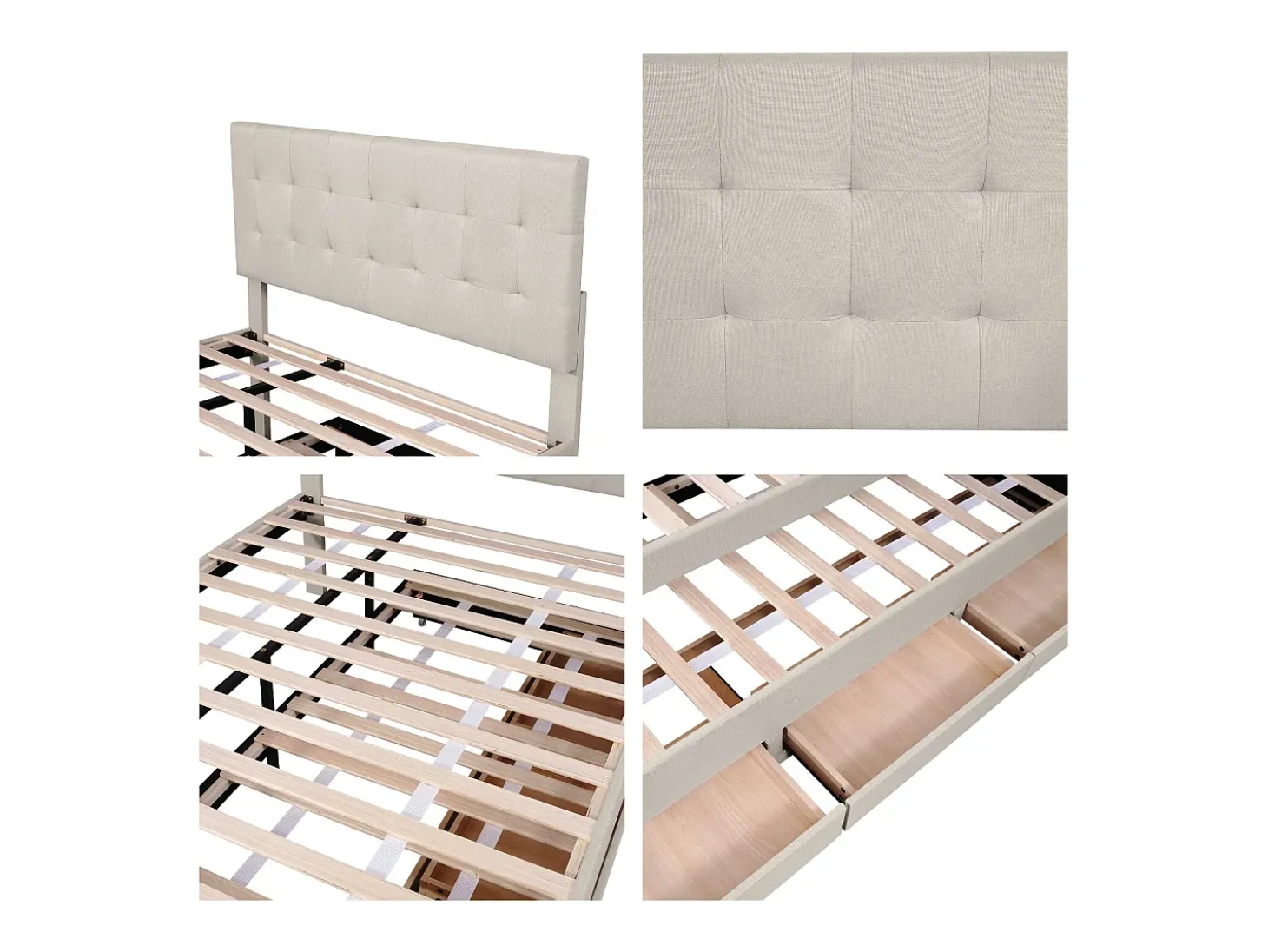 Cama estofada 140x200cm com cama de gavetão 90x190cm - em tecido de linho - com 3 gavetas e base de ripas - Bege
