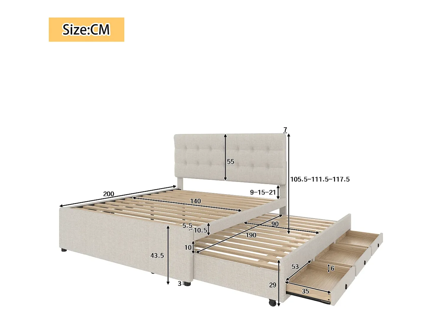 Cama estofada 140x200cm com cama de gavetão 90x190cm - em tecido de linho - com 3 gavetas e base de ripas - Bege