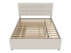 Cama estofada 140x200cm com cama de gavetão 90x190cm - em tecido de linho - com 3 gavetas e base de ripas - Bege