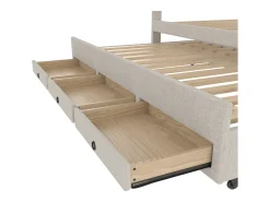 Cama estofada 140x200cm com cama de gavetão 90x190cm - em tecido de linho - com 3 gavetas e base de ripas - Bege