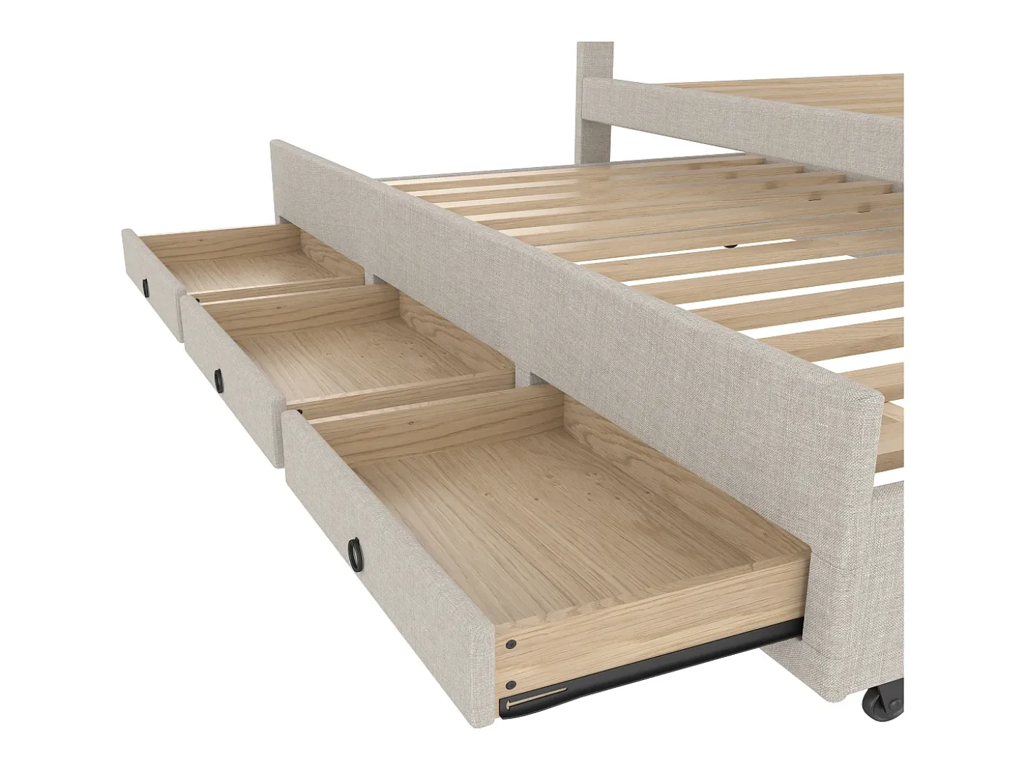 Cama estofada 140x200cm com cama de gavetão 90x190cm - em tecido de linho - com 3 gavetas e base de ripas - Bege