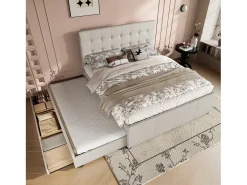 Cama estofada 140x200cm com cama de gavetão 90x190cm - em tecido de linho - com 3 gavetas e base de ripas - Bege