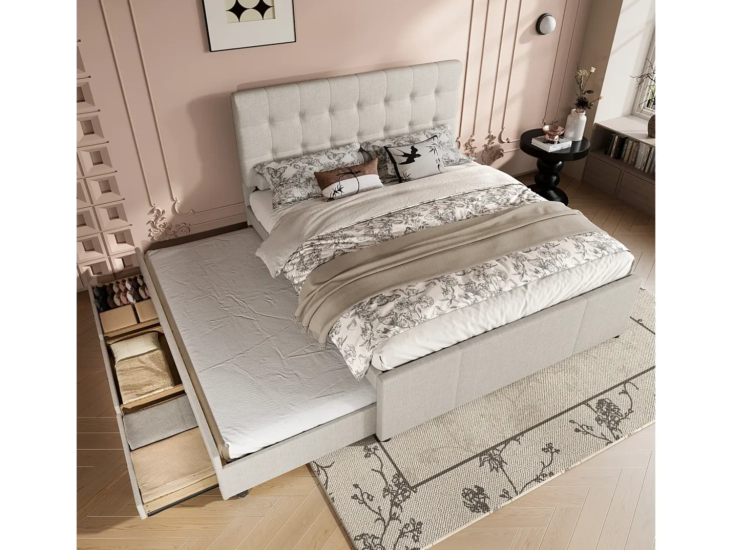 Cama estofada 140x200cm com cama de gavetão 90x190cm - em tecido de linho - com 3 gavetas e base de ripas - Bege